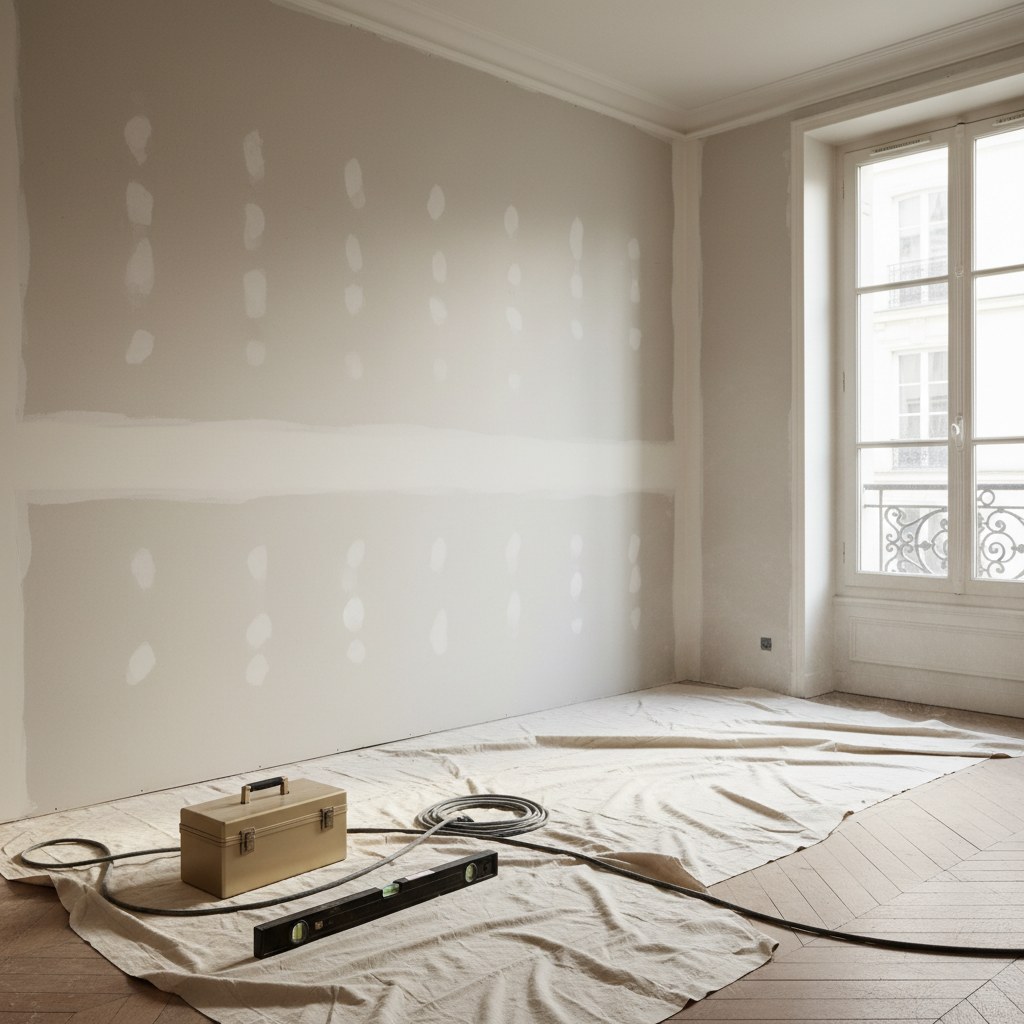 Chantier de réhabilitation propre, mur en préparation